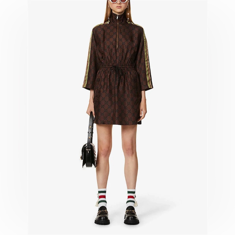 NEW Gucci GG Supreme drawstring mini dress silk